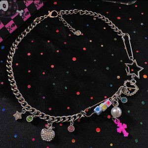 Women's Monster High Safety Pin Necklace Rhinestone Heart Star Cross Apple Bling